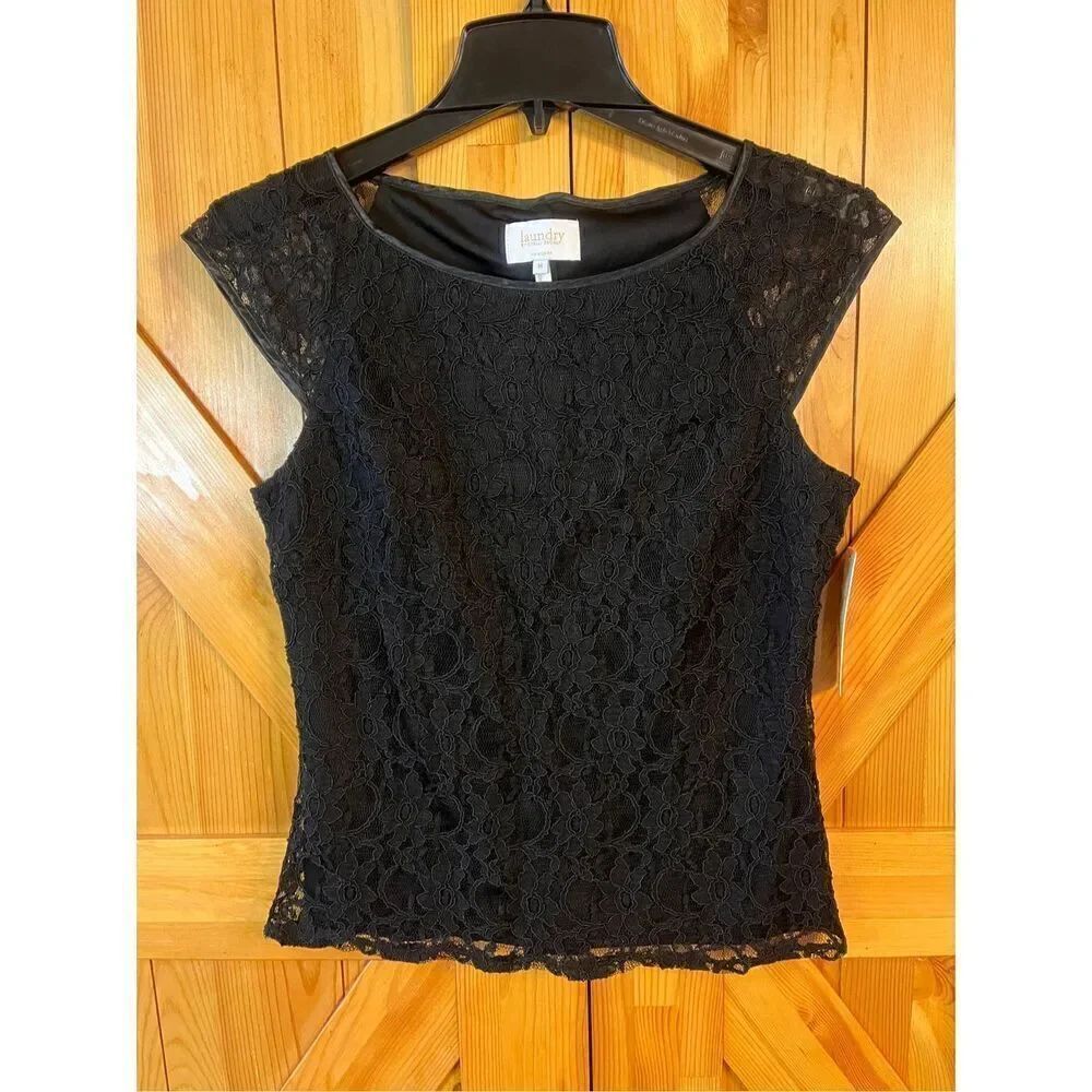 Laundry BY Shelli Segal Black Lace Overlay Short Sleeve Blouse Size Medium nwt (